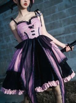 Gothic Style Stereoscopic Butterfly Embroidery Chiffon Tie-Dye Printing Lace Butterfly Decoration Irregular Hem Gothic Lolita Sleeveless Dress -MIMY Lolita Shop 1 500x672 109