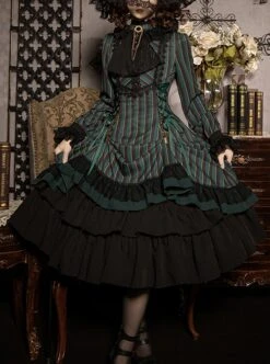 Gothic Style Elegant Retro Stand Collar Stripe Contrasting Color Slim Fit Gothic Lolita Long Sleeve Dress -MIMY Lolita Shop 1 500x672 112