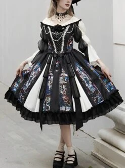 Black Classical Palace Style Gorgeous Colorful Windows Retro Lace Necklace Hat Gothic Lolita Long Sleeves Dress Set -MIMY Lolita Shop 1 500x672 114