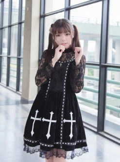 Crucifix Embroidery Lace Velvet Retro Gothic Lolita Dress -MIMY Lolita Shop 1 500x672 115