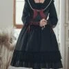 Black Elegant Lace Pearl Chiffon Lapel Bow-Knot Frenulum Pearl Cuffs Gothic Lolita Long Sleeve Dress