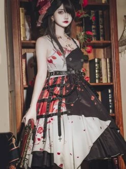 Thorn Rose Series Black White Contrasting Color Rose Thorn Print Irregular Hem Metal Chain Belt Decoration Gothic Lolita Sleeveless Dress -MIMY Lolita Shop 1 500x672 127