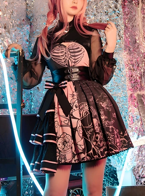 Sweet Cool Style Stand Collar PU Long-Sleeved Short Coat Black Powder Color Matching Bear Doll Print Gothic Lolita Sleeveless Dress Set 6 Sweet Cool Style Stand Collar PU Long-Sleeved Short Coat Black Powder Color Matching Bear Doll Print Gothic Lolita Sleeveless Dress Set - Image 4