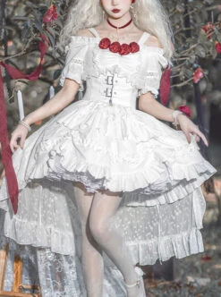 Letters And Poems Gunpowder Series White Pleated Lace Jacquard Drawstring Red Rose Embellishment PU Personalized Girdle Gothic Lolita Dress Set -MIMY Lolita Shop 1 500x672 136
