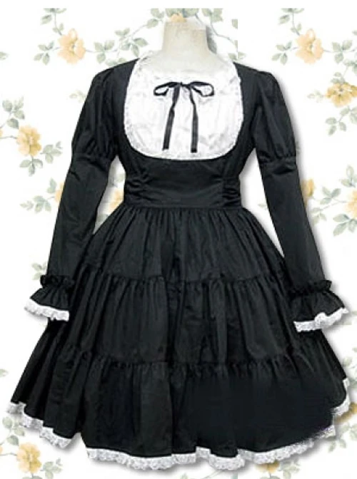 Pure Cotton Black-white Long Sleeves Flounced Gothic Lolita Dress 4 Pure Cotton Black-white Long Sleeves Flounced Gothic Lolita Dress - Image 2