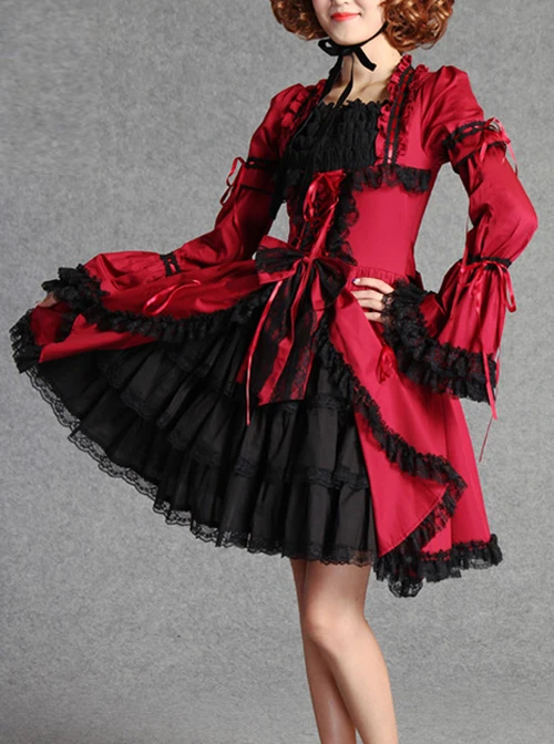 Retro Lace And Bind Strap Gothic Lolita Long Sleeve Dress 5 Retro Lace And Bind Strap Gothic Lolita Long Sleeve Dress - Image 3