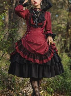 Gothic Style Pure Color Retro Elegant Stand Collar Striped Gothic Lolita Slim Fit Long Sleeve Dress -MIMY Lolita Shop 1 500x672 15