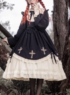 Starry Night Series Round Neck Bowknot Cute Girly Cross Embroidery Ruffle Hem Gothic Lolita Long Sleeve Dress -MIMY Lolita Shop 1 500x672 155