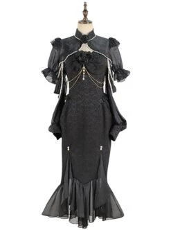 Camellia Series Elegant Black Rose Flower Bow Bead Chain Decoration Irregular Fishtail Hem Gothic Lolita Dress -MIMY Lolita Shop 1 500x672 157