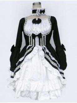 Black And White Long Sleeves Bow Cotton Gothic Lolita Dress -MIMY Lolita Shop 1 500x672 163