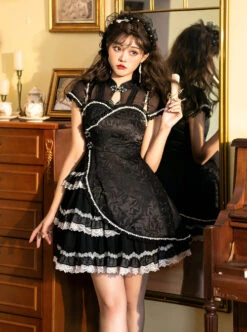 Damask Series OP Chinese Style Black Short Cheongsam Retro Elegant Gothic Lolita Short Sleeve Dress -MIMY Lolita Shop 1 500x672 168