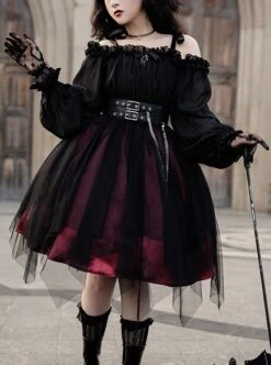 Solid Color Two-Wear Off-The-Shoulder Lantern Sleeve Metal Chain Waistband Irregular Hem Gothic Lolita Long-Sleeved Dress -MIMY Lolita Shop 1 500x672 173