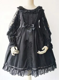 Black Lace Jacquard Cotton Cotton Material Waisted Doll Dress -MIMY Lolita Shop 1 500x672 183