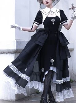 Undead Prayer Series Nun Style Black-White Cross Embroidered Fishtail Skirt Lace Cover Skirt Gothic Lolita Short-Sleeved Dress -MIMY Lolita Shop 1 500x672 191