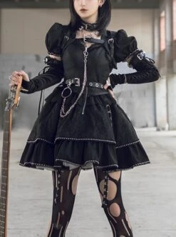 Imprisonment Song Series Silver Chain Leather Belt Sweet Cool Dark Black Punk Gothic Lolita Vest Puff Sleeves Dress Set -MIMY Lolita Shop 1 500x672 193