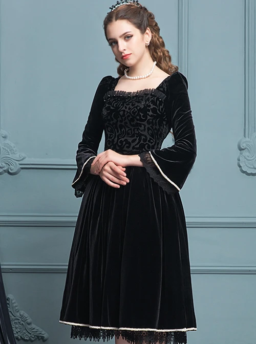 Black Velour Lace Edge Gothic Lolita Long Sleeve Dress 4 Black Velour Lace Edge Gothic Lolita Long Sleeve Dress - Image 2