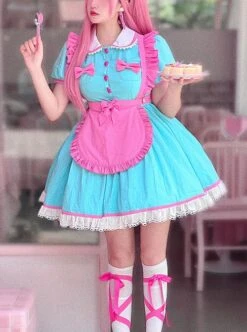 Vintage Playful Maid Coffee Cute Lace Doll Collar Pink Bowknot Apron Sweet Lolita Short Sleeve Dress -MIMY Lolita Shop 1 500x672 220