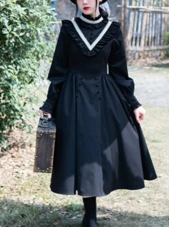 Olivia Series Black Small Stand Collar Ruffles White Round Splice V Shape Line Elegant Large Hem Gothic Lolita Lantern Long Sleeve Dress -MIMY Lolita Shop 1 500x672 23