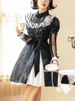Sweetheart Witch Series Stand Collar Translucent Mesh Design Stitching Sleeves Printed Lace Sweet Lolita Long-Sleeved Dress -MIMY Lolita Shop 1 500x672 233