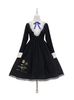 Master Reaper And Black Maid Series OP V-Neck Double Pleated Lace Flower Buttons Gold Rose Embroidery Simple Black Gothic Lolita Long Sleeve Dress -MIMY Lolita Shop 1 500x672 24