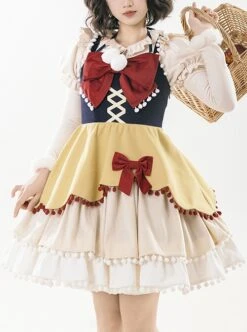 Autumn Winter Special Edition Multicolor Splicing Design Big Bowknot Cute Fur Ball Plaid Snow White Matcha Sweet Lolita Sleeveless Dress JSK -MIMY Lolita Shop 1 500x672 256