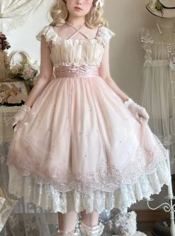 Elegant Sweet Daily Lace Pleats Embroidered Hem Pearls Love Decoration Sweet Lolita Sleeveless Dress -MIMY Lolita Shop 1 500x672 263