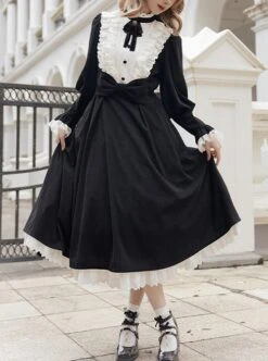 Silent Poem Series Black Nun Autumn Winter White Ruffles Lace Classic Retro Gothic Style Lamb Leg Sleeves Dress -MIMY Lolita Shop 1 500x672 27