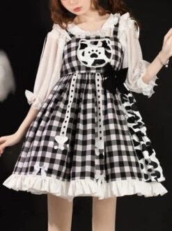Meow Claw Planet Series Black-White Plaid Cute Cat Claw Leopard Print Bowknot Sweet Lolita Sleeveless Dress 10 Meow Claw Planet Series Black-White Plaid Cute Cat Claw Leopard Print Bowknot Sweet Lolita Sleeveless Dress -MIMY Lolita Shop 1 500x672 278