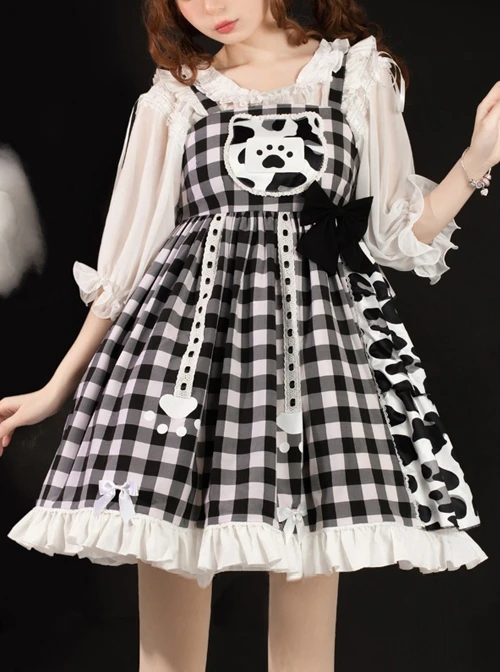 Meow Claw Planet Series Black-White Plaid Cute Cat Claw Leopard Print Bowknot Sweet Lolita Sleeveless Dress 6 Meow Claw Planet Series Black-White Plaid Cute Cat Claw Leopard Print Bowknot Sweet Lolita Sleeveless Dress - Image 4