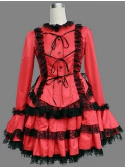 Red Long Sleeves Lace Trim Cotton Girls Sweet Lolita Dress -MIMY Lolita Shop 1 500x672 279