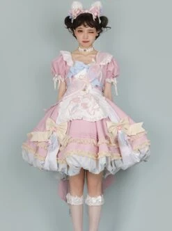 Pink Sweet Cute Little Maid Print Apron Puff Sleeves Bowknot Decoration Girls Sweet Lolita Short Sleeve Dress -MIMY Lolita Shop 1 500x672 283