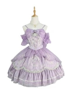Ballet Elegant High Waist Irregular Hem Fit Flower Decorative Bownot Lace Embroidery Sweet Lolita Purple Sleeveless Dress Full Set -MIMY Lolita Shop 1 500x672 287