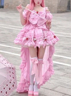 Pink Sweet Lolita Cute Strawberry Bowknot Decoration Oversized Bowknot Long Trailing Design Short-Sleeved Dress -MIMY Lolita Shop 1 500x672 291