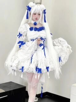 White Moon Series Chinese Style New Chinese Style Three-Dimensional Jacquard Blue Rose Bowknot Decoration Gothic Lolita Short-Sleeved Dress -MIMY Lolita Shop 1 500x672 3