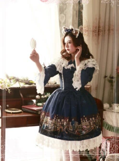 Magic Tea Party Gondola Series Printing Sweet Lolita Trumpet Sleeve Dress -MIMY Lolita Shop 1 500x672 301