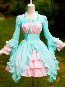 Mint Green And Light Pink Chiffon Irregular Hem Sweet Lolita Long Sleeve Dress -MIMY Lolita Shop 1 500x672 307