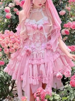 Gem Princess Series Sweet Girly Jacquard Rose Garden Everlasting Flower Lace Fishbone Sweet Lolita Sleeveless Dress -MIMY Lolita Shop 1 500x672 308