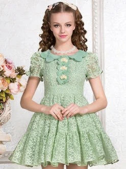 Green Cute Doll Collar Bowknot Sweet Lolita Short Sleeve Dress -MIMY Lolita Shop 1 500x672 314