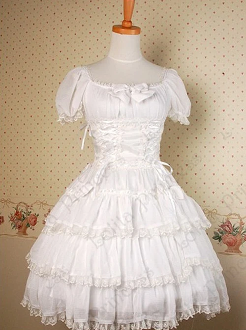 White Multi-storey Ruffles Lace-up Sweet Lolita Dress 4 White Multi-storey Ruffles Lace-up Sweet Lolita Dress - Image 2