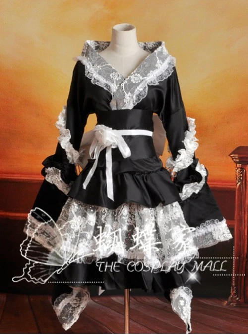 V-Neck Black And White Lace And Ruffles Cosplay Lolita Long Sleeves Dress 4 V-Neck Black And White Lace And Ruffles Cosplay Lolita Long Sleeves Dress - Image 2
