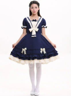 Navy Blue Bowknot Sweet Lolita Short Sleeve Dress -MIMY Lolita Shop 1 500x672 319