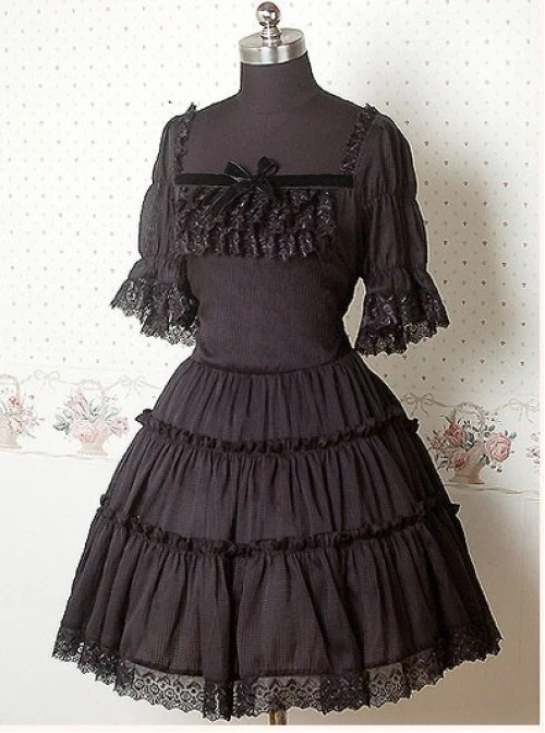 Chiffon Black Puff Sleeves Bow Ruffle Lolita Dress 3 Chiffon Black Puff Sleeves Bow Ruffle Lolita Dress