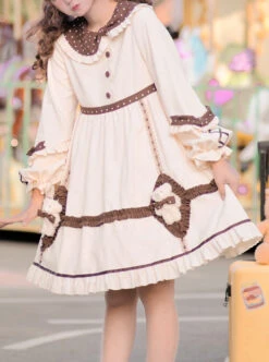 Coffee Bears Series OP Doll Collar Sweet Lolita Autumn Winter Apricot Long Sleeve Dress -MIMY Lolita Shop 1 500x672 322