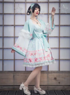Cherry Blossom Festival Series JSK Printing Light Green Japanese Style Sweet Lolita Sling Dress With The Thin Coat -MIMY Lolita Shop 1 500x672 324
