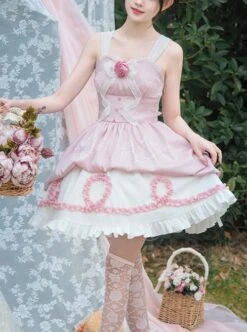 Throbbing Series Rose Print Cute Girly Pink Bud Summer Sweet Lolita Sleeveless Dress -MIMY Lolita Shop 1 500x672 331