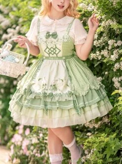 Lucky Day Series Green Plaid Stitching Small Fresh Rabbit Print Cute Girly Sweet Lolita Sleeveless Dress Set -MIMY Lolita Shop 1 500x672 343
