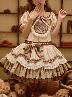 Cream Rabbit Series Cute Daily Bowknot Design Neckline Exquisite Rabbit Embroidery Petal Hem Lace Decoration Sweet Lolita Puff Sleeve Dress -MIMY Lolita Shop 1 500x672 346