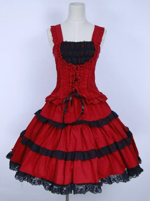 Red Corduroy Gothic Lolita Sling Dress 5 Red Corduroy Gothic Lolita Sling Dress - Image 3