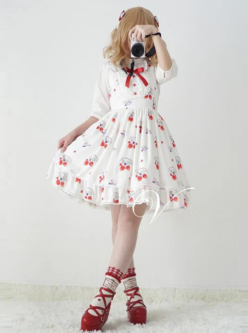 Fashion Strawberry Cat Printing Cute Sweet Lolita Sling Dress 3 Fashion Strawberry Cat Printing Cute Sweet Lolita Sling Dress