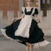 Kiss Kiss Series Elegant Fake Two Piece Lace Apron Design Black Maid Outfit Sweet Lolita Short Sleeved Dress